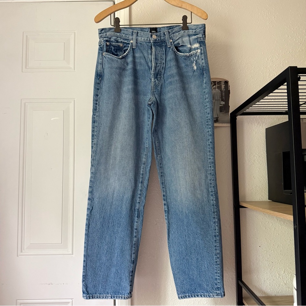 EDWIN blue cotton denim straight leg cropped jeans